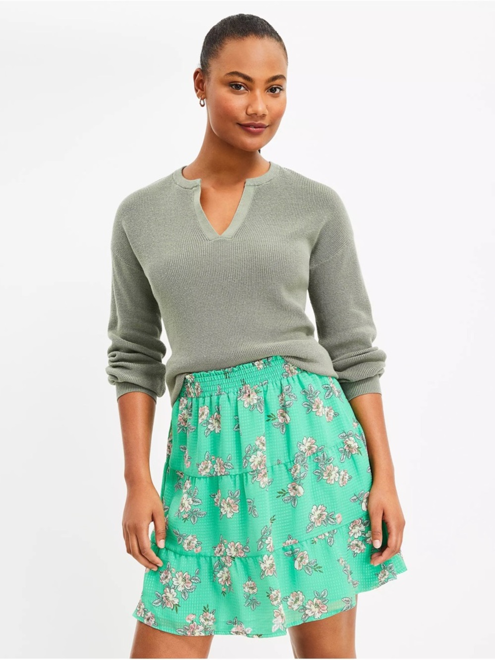 LOFT women's bloom ruffle tiered skirt in mint and pink floral print summer